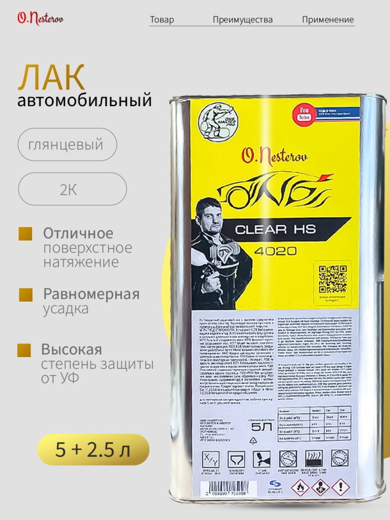 Лак автомобильный акриловый ОНБ 5л + 2,5 отвердитель HS 2к1 4020