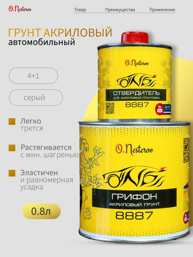 ОНБ Грунт акриловый ГРИФОН 2К 4+1 серый 0,8л + отвердитель 0,2л