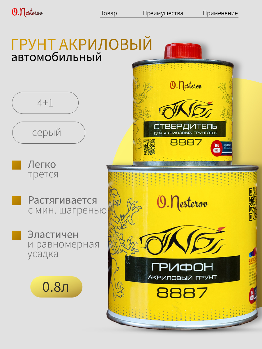 ОНБ Грунт акриловый ГРИФОН 2К 4+1 серый 0,8л + отвердитель 0,2л