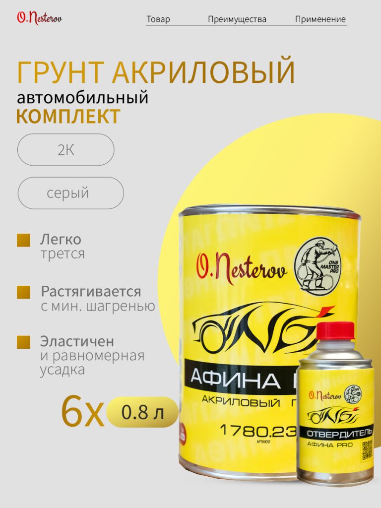 ОНБ акриловый  грунт "АФИНА pro" комплект 6 шт 4+1, 0,8л+0,2л серый